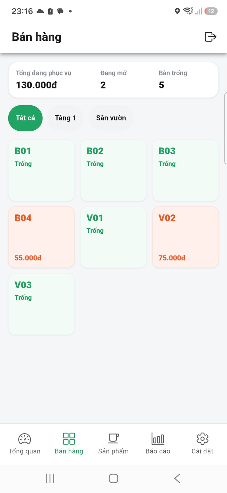 Màn hình bán hàng của Dmax Cafe Go trên điện thoại