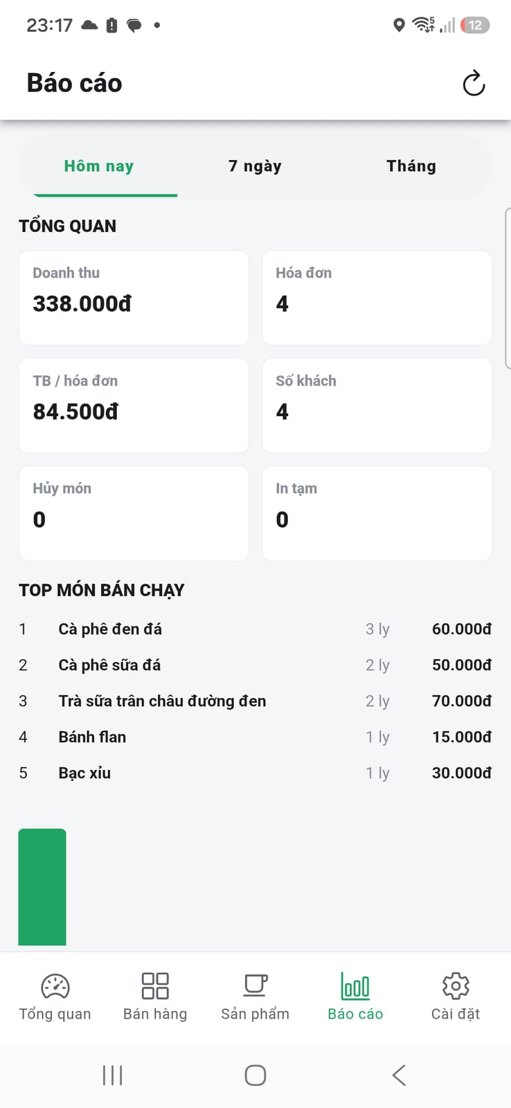 Màn hình báo cáo doanh thu của Dmax Cafe Go trên điện thoại