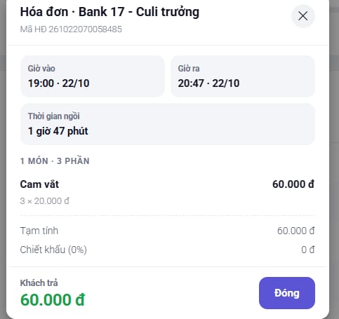 Popup chi tiết một hoá đơn: giờ vào, giờ ra, thời gian ngồi, từng món và số tiền