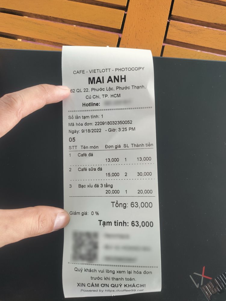 Hóa đơn tạm tính in từ phần mềm tại Cafe Mai Anh, Củ Chi